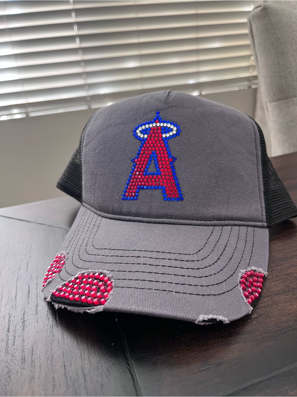 Los Angeles Angels Rhinestone Trucker Hat - Gray with Red & Blue